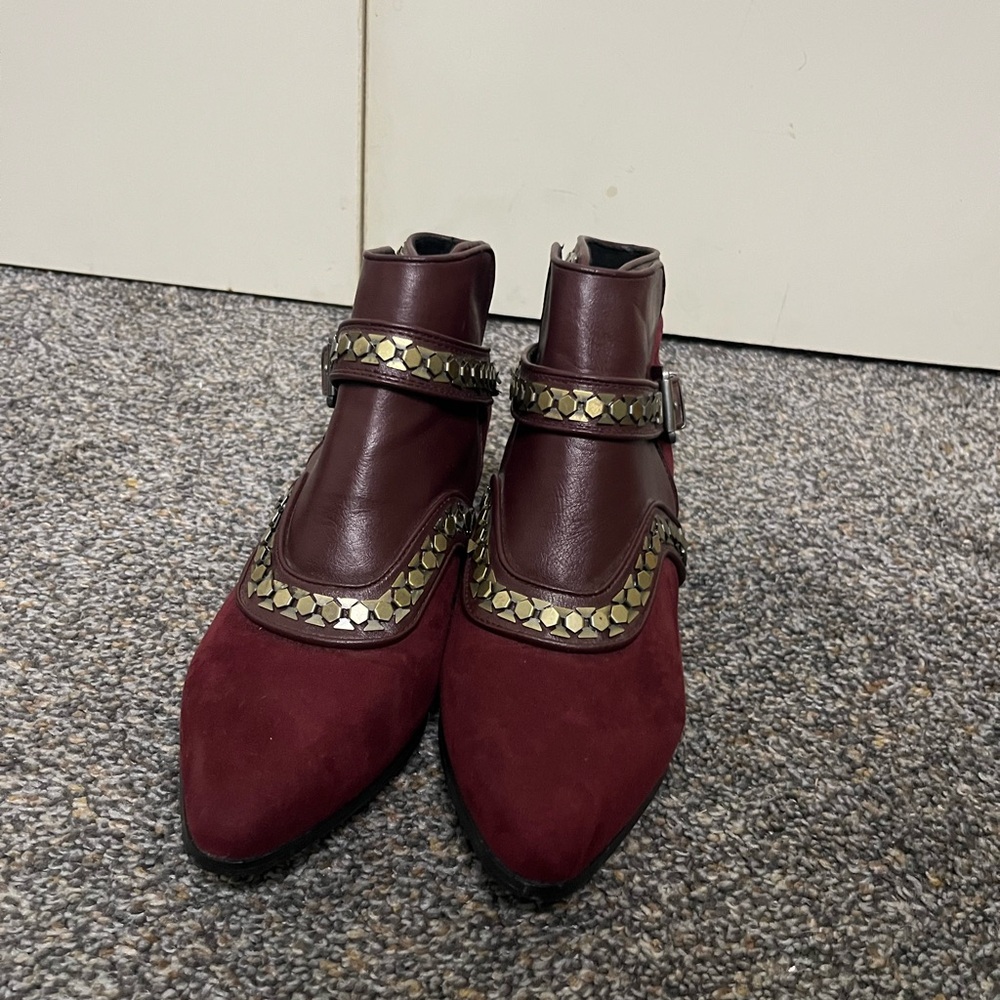 Free People FP x FR Burgundy Women's Booties with Gold Chain Accents Boho 70s